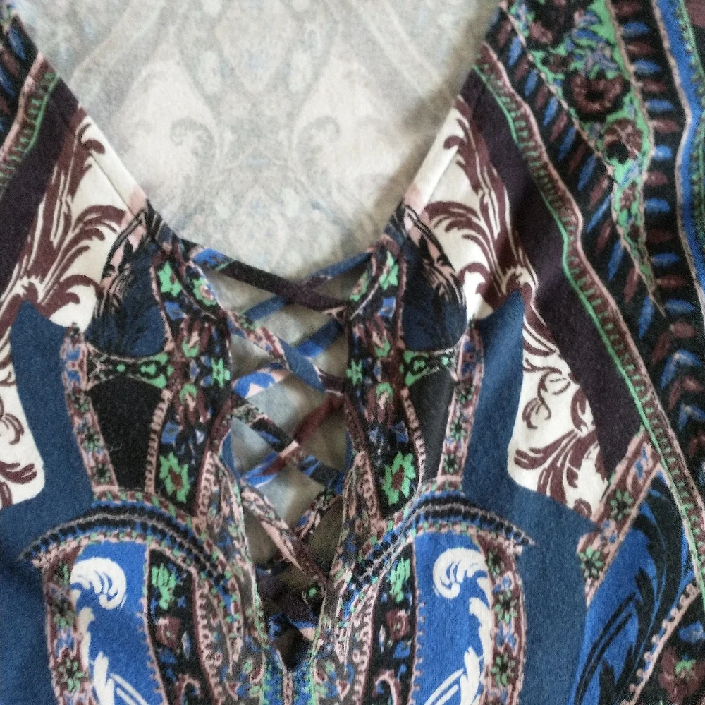 FREE PEOPLE Pick A Place Bodysuit Lace Up Front Long Sleeve Paisley Print Small - Picture 3 of 5